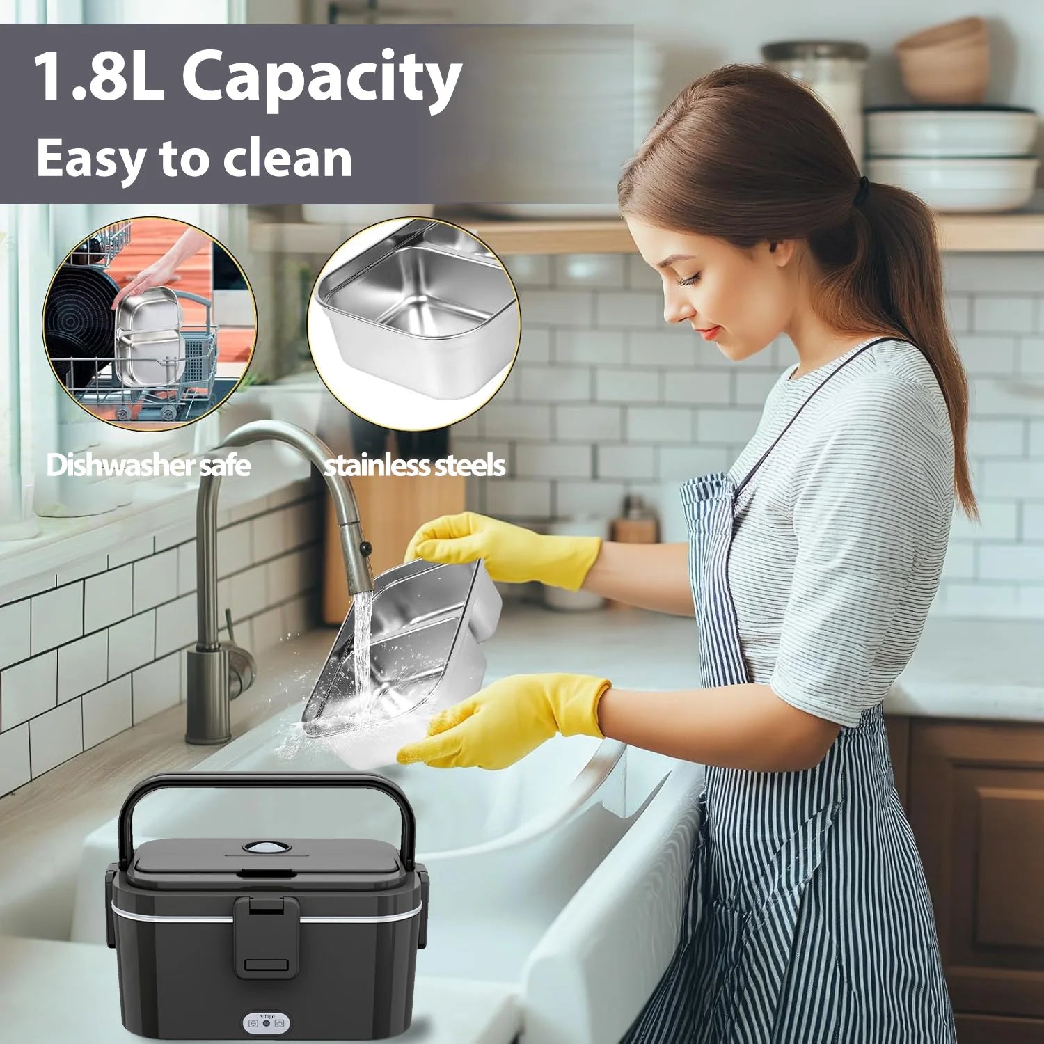 1.8L Portable Electric Lunch Box, 80W Fast Heating with 304 Stainless Steel Inner Container, 12V/24V Car Bento Box with Insulated Bag for Food and Fruit Preservation