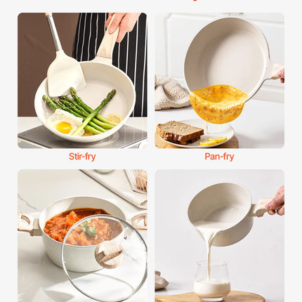 VEVOR Set di Pentole Antiaderenti in Granito con Manico, Set di Pentole a Induzione da Cucina per Camper, con Padella, Coperchi in Vetro Temperato, Bianco, 17 Pezzi