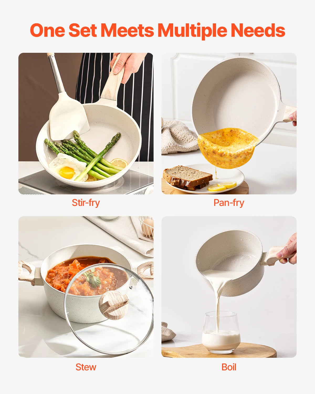 VEVOR Set di Pentole, Padelle Antiaderenti in Granito con Manico, Set di Pentole a Induzione da Cucina per Camper, con Frittura, Coperchi in Vetro Temperato, Bianco, 17 Pezzi