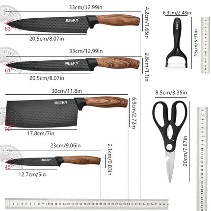 Set di 6 Coltelli da Cucina ZENG con Lame Affilate Antiaderenti, Manico Ergonomico in Legno, Set Completo per Cucinare e Tagliare