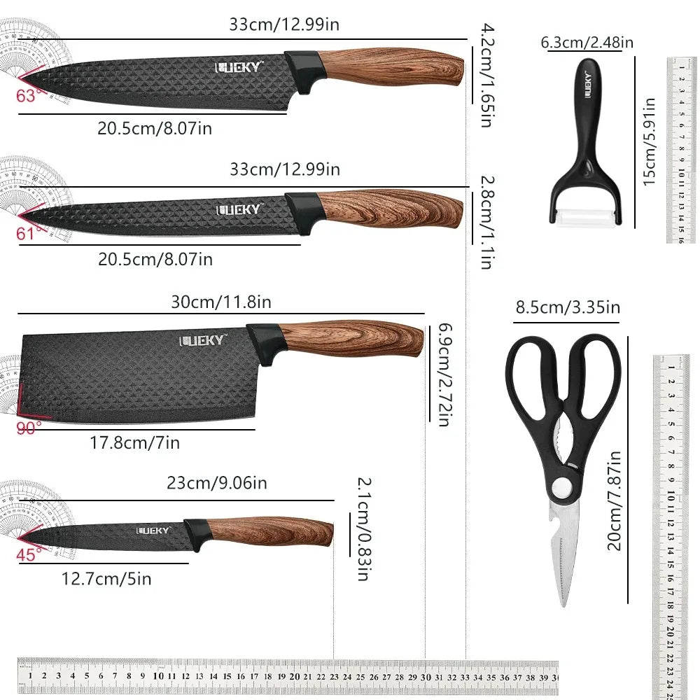 Set di 6 Coltelli da Cucina ZENG con Lame Affilate Antiaderenti, Manico Ergonomico in Legno, Set Completo per Cucinare e Tagliare
