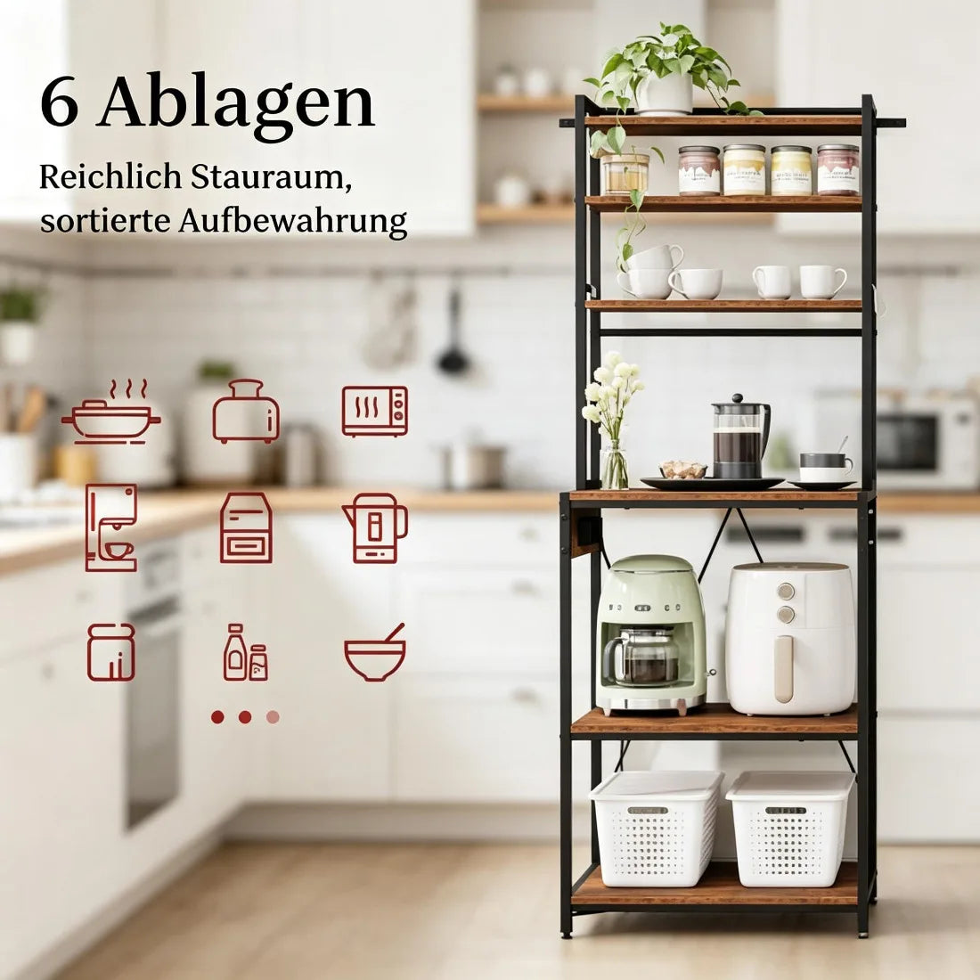 Kaffeestation, Küchenregal mit Steckdosen, Küchenschrank, Mini-Küchenarbeitsplatz, Ausstellungsregal – Alles in Einem für die Organisation von Kaffee und Geräten
