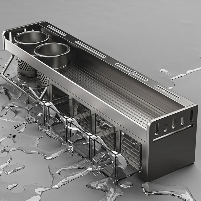 Scaffale portaoggetti da parete per cucina, portaoggetti drenabile per coltelli, bacchette, organizer combinato per spezie da cucina