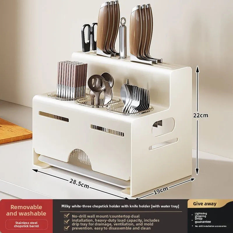 Porta Utensili da Cucina Multifunzionale con Porta Bacchette Integrato, Organizzatore da Parete Senza Foratura per Coltelli e Utensili