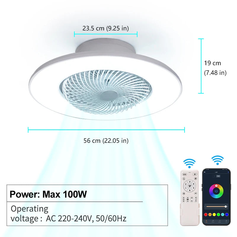 Ventilatore da soffitto da 100W con luce, controllo remoto tramite APP, lampada a LED dimmerabile a 360° °   Luce di sfondo RGB silenziosa girevole a 6 velocità per la casa