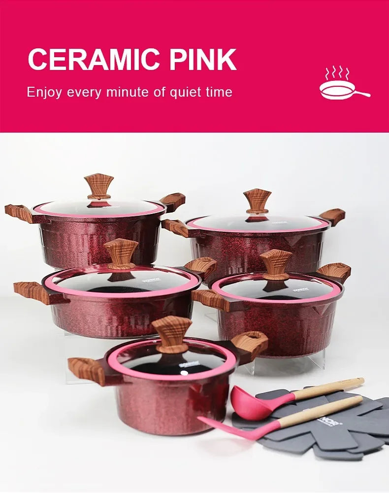 DONNOR Set di Pentole 6/15 Pezzi Pentola per Zuppa Antiaderente Pentola per Stufato con Coperchio in Vetro Pentole per Cappotto Sano in Granito per Stufe da Cucina Universali