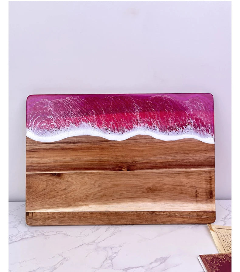 Schneidebrett aus Akazienholz mit gewelltem Harz in rosa Farbe, Challah-Schneidebrett für die Küche, Essenszubereitung, Serviertablett, Käseschneidebrett aus Holz