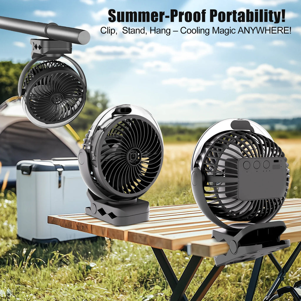 Ventilatore Portatile con Clip e Nebulizzatore, Ricaricabile, 3 Velocità, Display Digitale, Mini Umidificatore, Ventilatore da Scrivania Regolabile con 4000mA