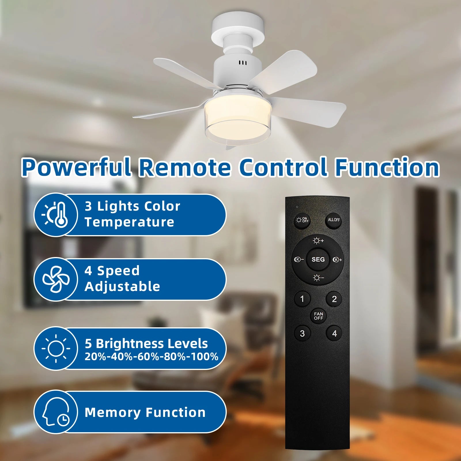 Ventilatore da soffitto E27 con luce, 4 velocita, 3 temperature di colore, telecomando, bianco/legno