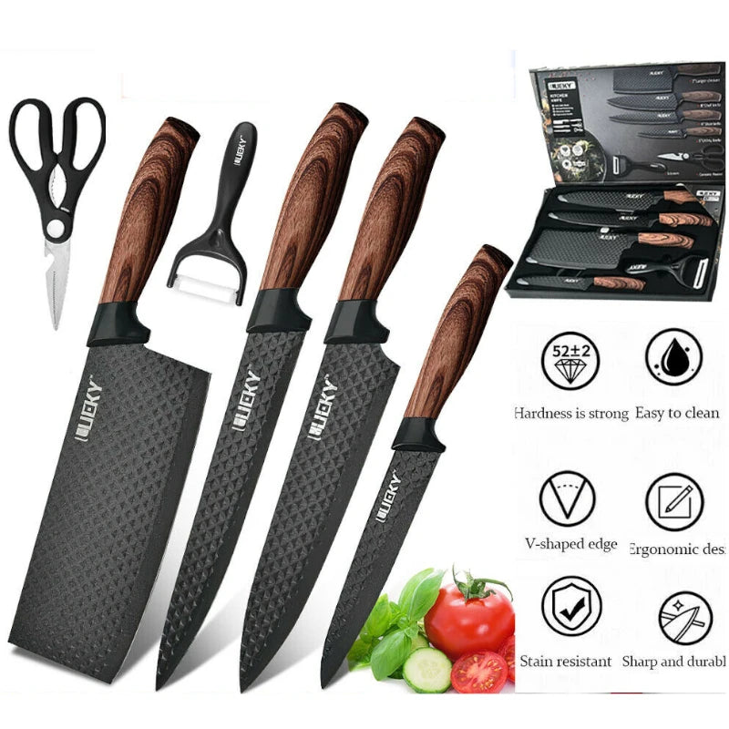 Set di 6 Coltelli da Cucina ZENG con Lame Affilate Antiaderenti, Manico Ergonomico in Legno, Set Completo per Cucinare e Tagliare