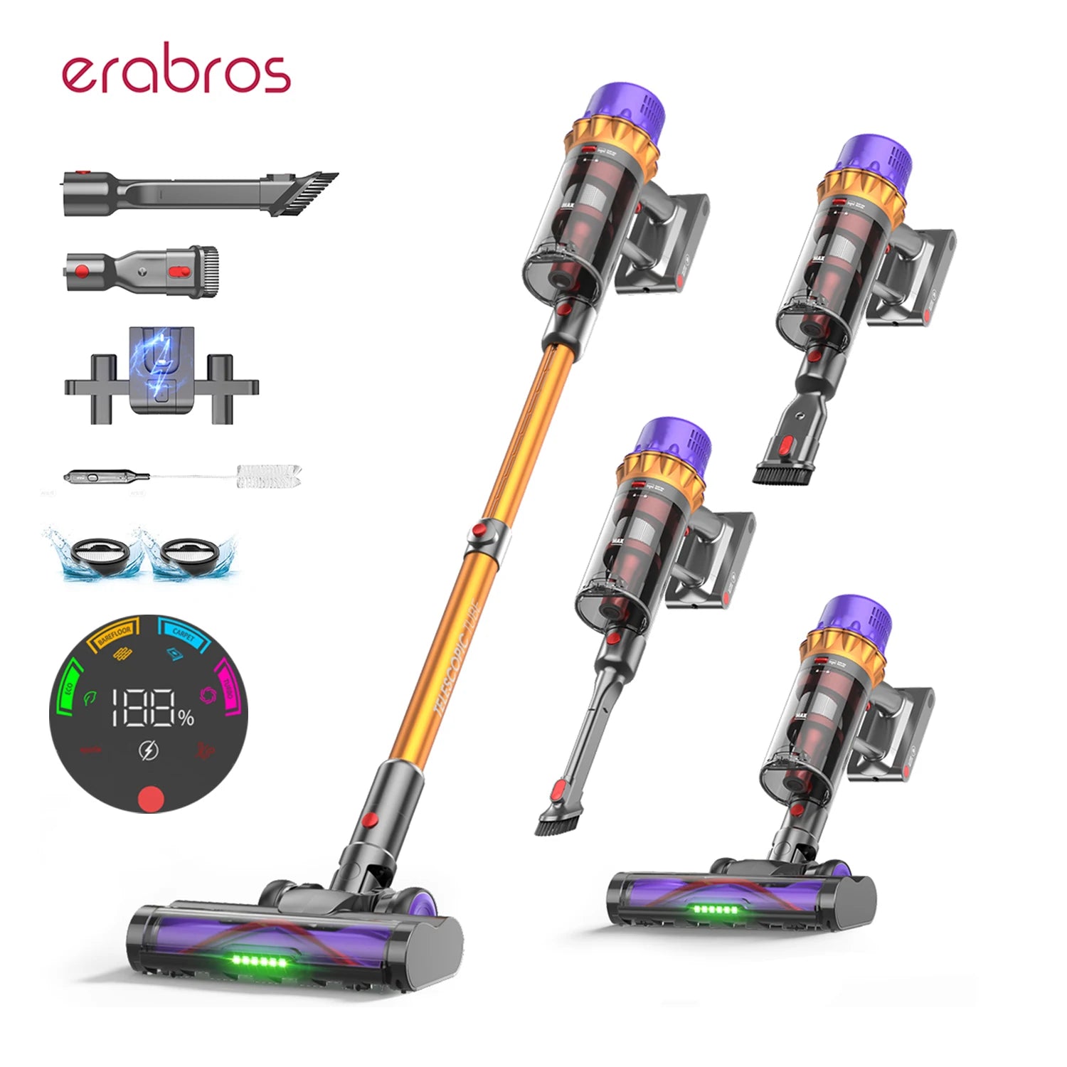 Erabros EV5 550W 70KPA Akku-Staubsauger mit ultrastarker Saugkraft, 80 Minuten Laufzeit, intelligenter Handstaubsauger mit 4 Modi