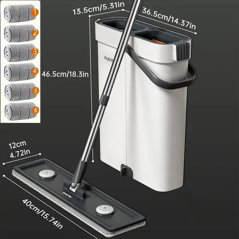 JOYBOS 40cm Flachwischmopp-Set „Hands Free“ mit Eimer, rotierender Bodenreiniger, waschbare Mikrofaser für Bad, WC und Zuhause