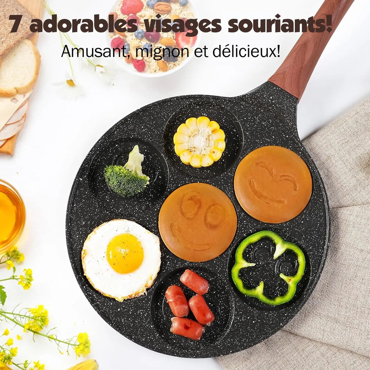 Padella per Pancake Sorridenti, Antiaderente con 7 Fori per Crepe