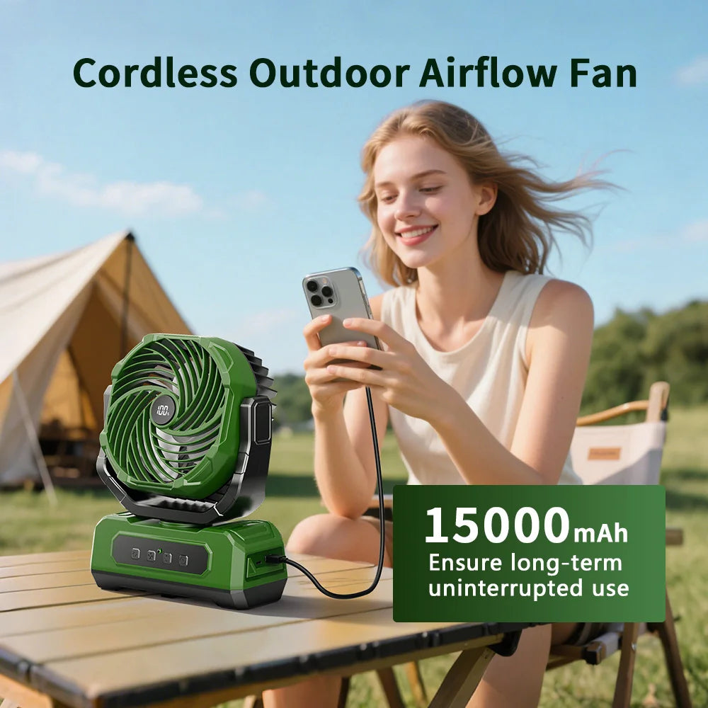 Ventilatore da campeggio portatile ricaricabile da 15000 mAh con lanterna a LED, ventilatore da tavolo a batteria senza fili USB-C, ventilatore personale leggero per viaggi, camera da letto, tenda, pesca, spiaggia, ufficio, c