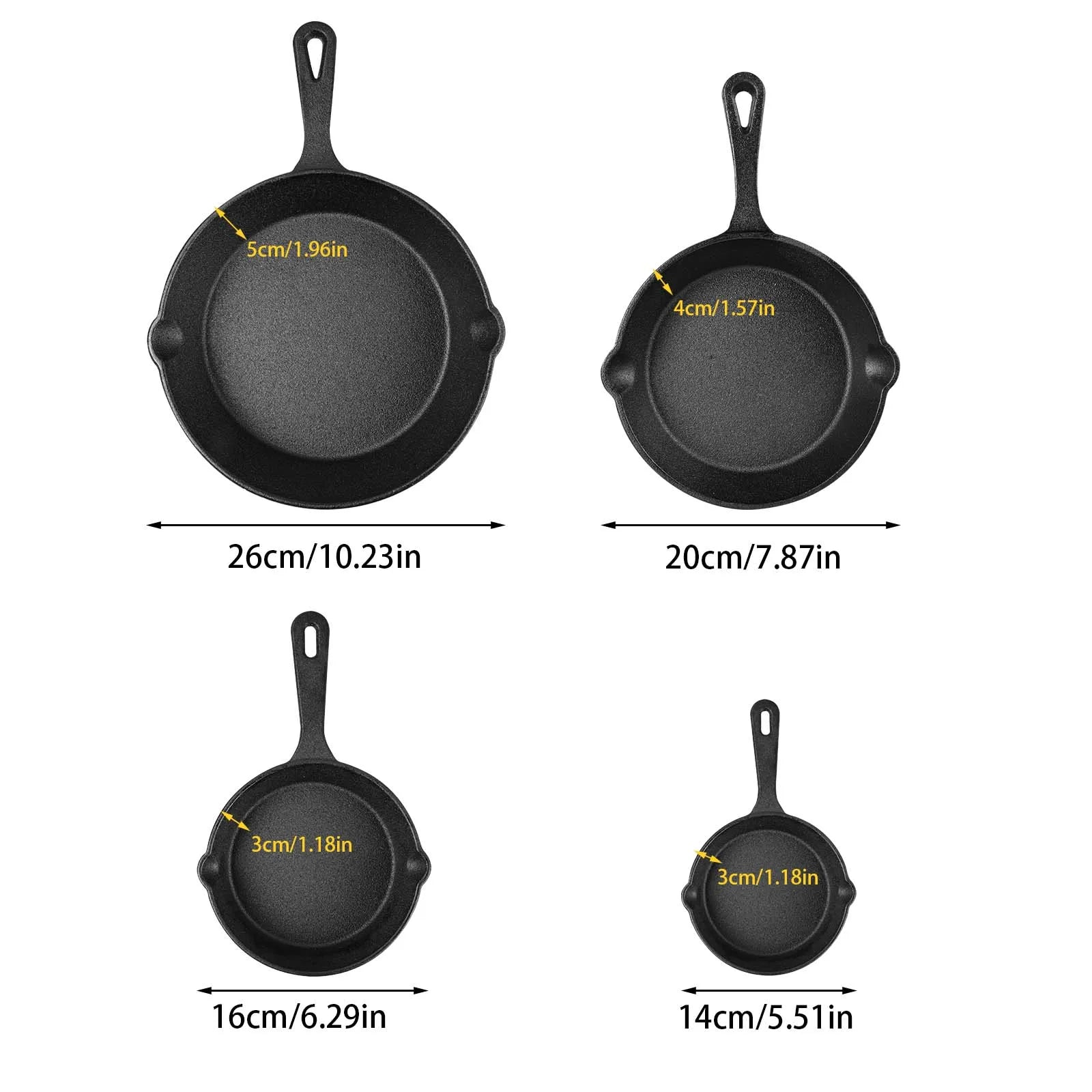 Set di 4 Padelle in Ghisa Pretrattata, 14-26cm, Antiaderenti, Riscaldamento Uniforme, Manici Ergonomici per Gas, Induzione, Falò, BBQ