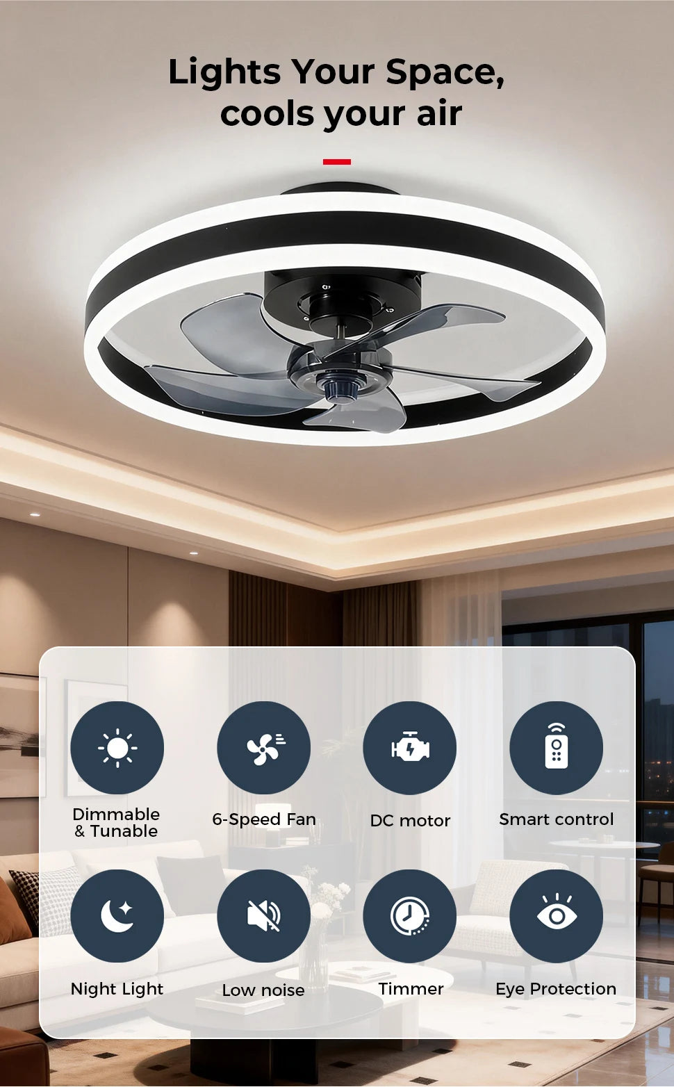 Ventilatore da Soffitto LED Nordico da 50CM con Luce, Apparecchio di Illuminazione in Acrilico, Ventilatore Elettrico Silenzioso e Rinfrescante con Timer per Uso Domestico