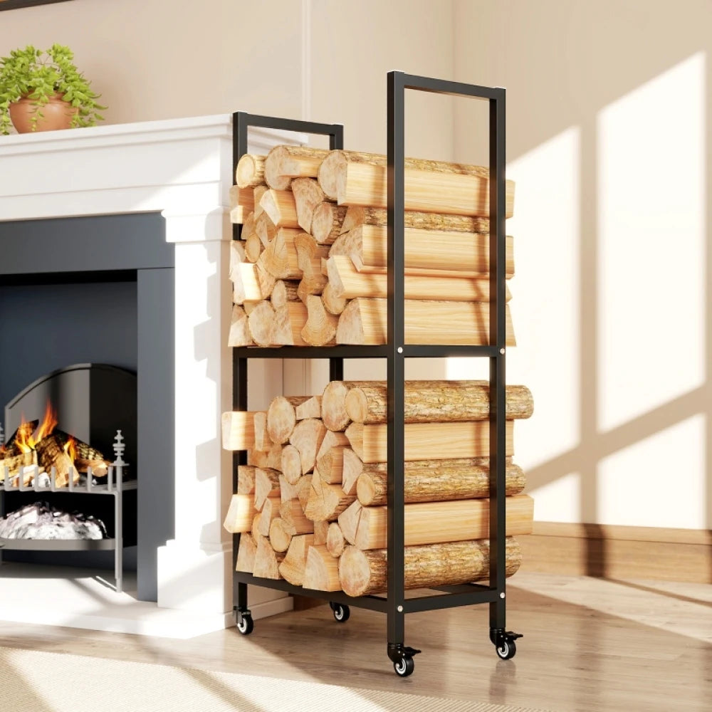 Porta legna per interni, in acciaio, 60 x 30 x 119 cm, scaffale a 2 livelli con ruote, nero