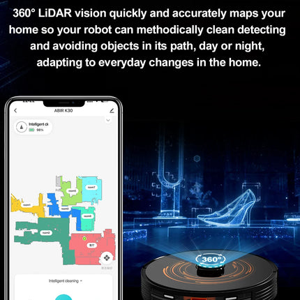 ABIR K30 Robot Vacuum Cleaner, Automatic Emptying Station, Lidar Laser, 6500PA Suction, Multi-Floor Mapping, Smart Home Appliance for Dry and Wet Cleaning