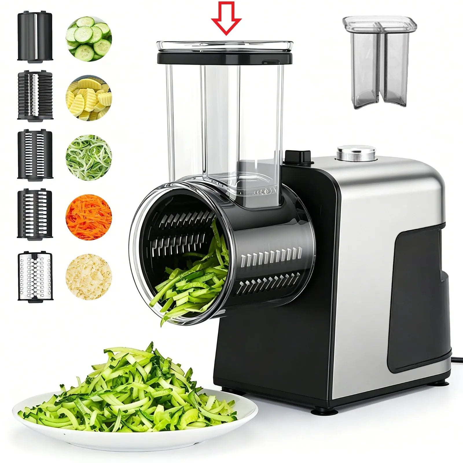 Elektrischer 5-in-1 Gemüseschneider, Reibe für Käse, Karotten und Kohl, Küchenmaschine