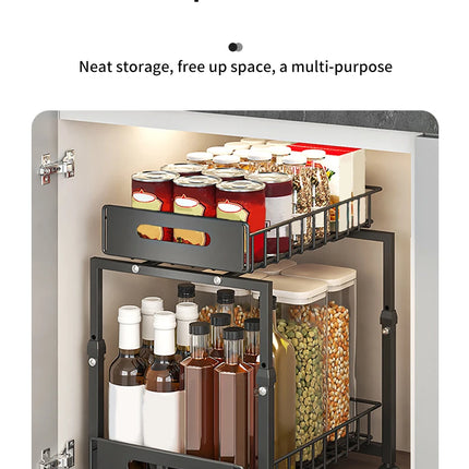 Under-Sink Organizer for Kitchen, 2-Tier Adjustable Pull-Out Shelf for Bowls, Plates, and Spice Jars