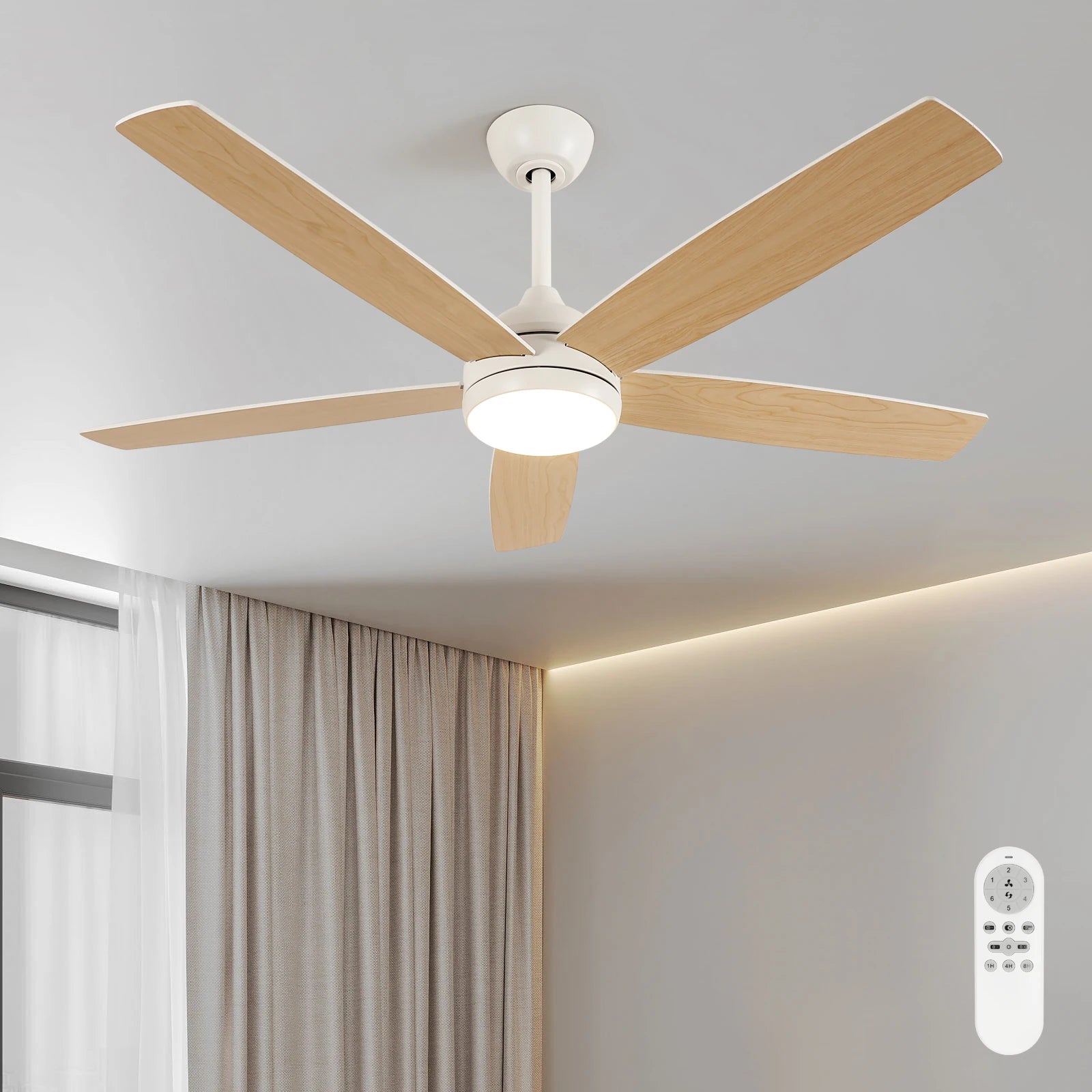 Ventilatore da soffitto LED intelligente con luci, 52 pollici (132 cm), 6 velocità, 2 modalità, luce LED dimmerabile, motore DC silenzioso, telecomando, ventilatore elettrico per camera da letto