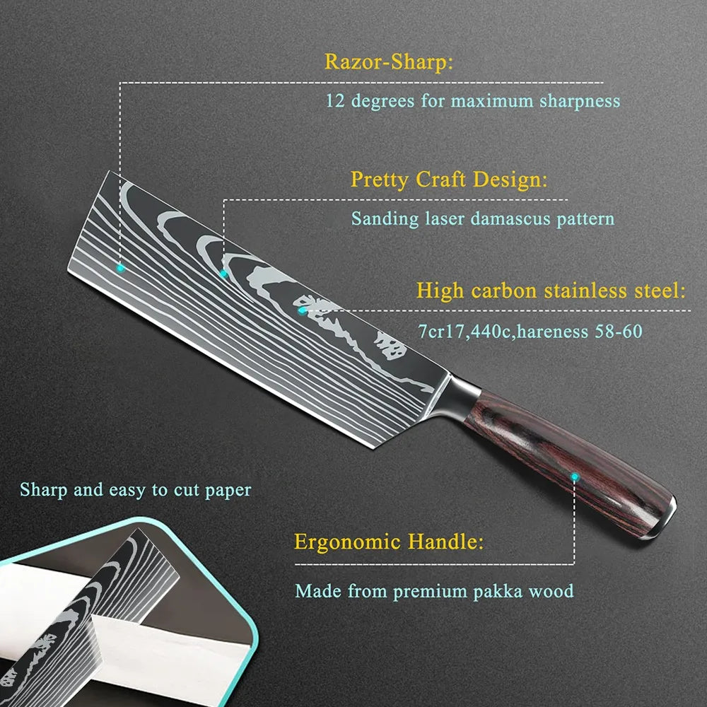 ZENG Professionelles 7-Zoll-Kochmesser – ultrascharf und langlebig, Edelstahl mit Holzgriff und lasergravierter Damast-Optik, mit Geschenkbox