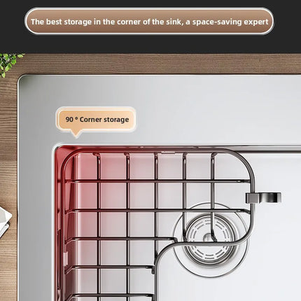 Carbon Steel Kitchen Sink Drain, Wall-Mounted Corner Rag Storage Rack, No Drilling, Waterproof Space Saver
