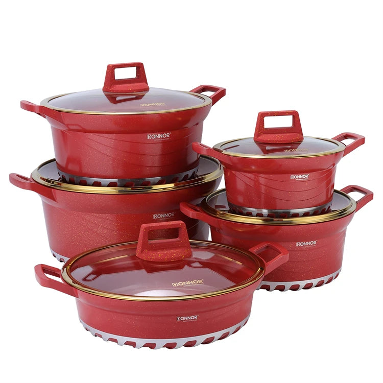 DONNOR 10PCS Set di Pentole a Induzione Lavabile in Lavastoviglie Pentole Antiaderenti con Coperchi in Vetro per Zuppa di Pasta Stufato JT528