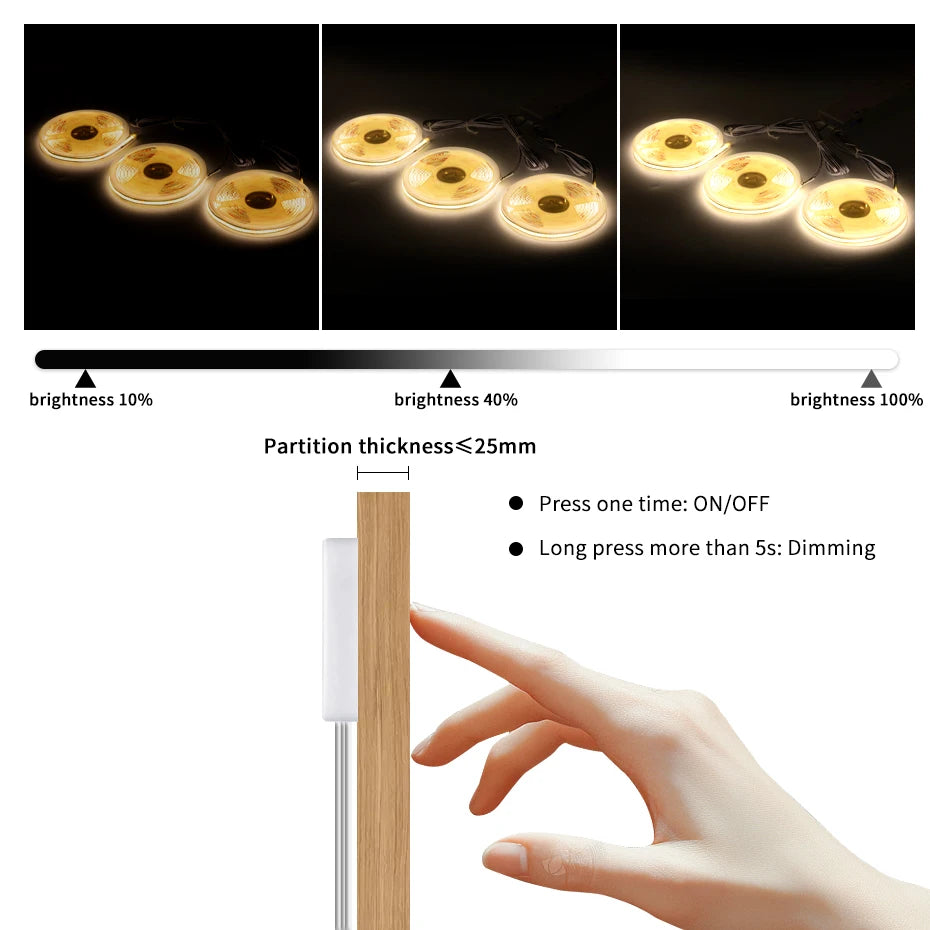Striscia LED COB 12V 320LED/m dimmerabile con tocco in legno penetrabile e sensore di movimento per cucina/guarda-roupa/vetrina/arredamento dell'armadio