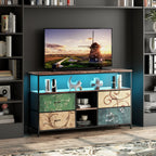 Mobiler TV-Ständer, TV-Tisch, TV-Möbel, mit LED-Beleuchtung und Stoffschubladen, Platte mit Tigerfellmuster, doppelter offener Stauraum und 4 Schubladen, zur Aufbewahrung von Elektrogeräten, DVDs, Büchern, für Wohnzimmer, Schlafzimmer