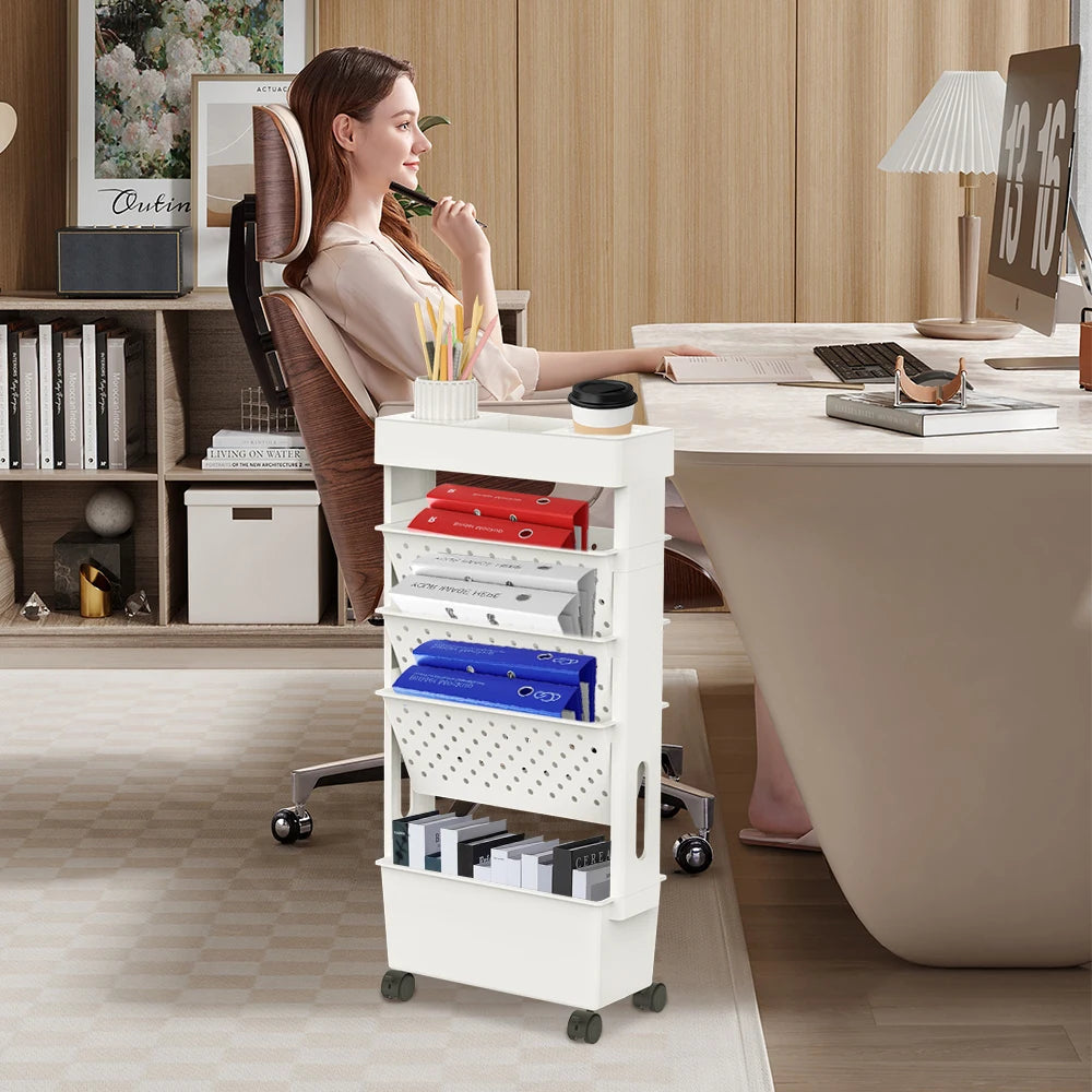Mobile Bücherablage mit feststellbaren Rollen – Robuster Bücherregalwagen, herausnehmbarer Organizer mit Becherhalter für Zuhause und Büro