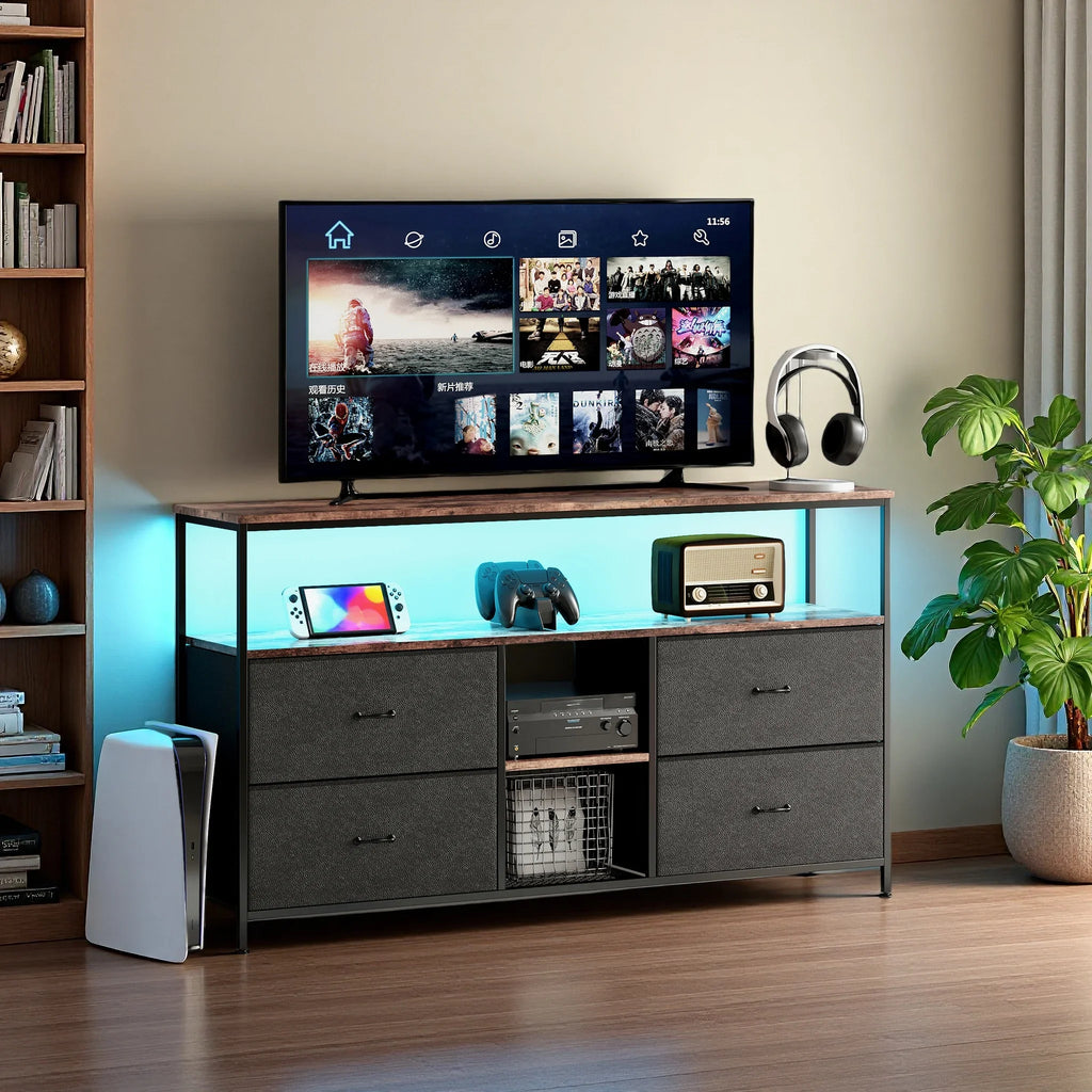Mobiler TV-Ständer, TV-Tisch, TV-Möbel, mit LED-Beleuchtung und Stoffschubladen, Platte mit Tigerfellmuster, doppelter offener Stauraum und 4 Schubladen, zur Aufbewahrung von Elektrogeräten, DVDs, Büchern, für Wohnzimmer, Schlafzimmer
