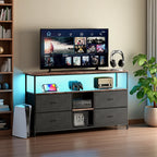 Mobiler TV-Ständer, TV-Tisch, TV-Möbel, mit LED-Beleuchtung und Stoffschubladen, Platte mit Tigerfellmuster, doppelter offener Stauraum und 4 Schubladen, zur Aufbewahrung von Elektrogeräten, DVDs, Büchern, für Wohnzimmer, Schlafzimmer