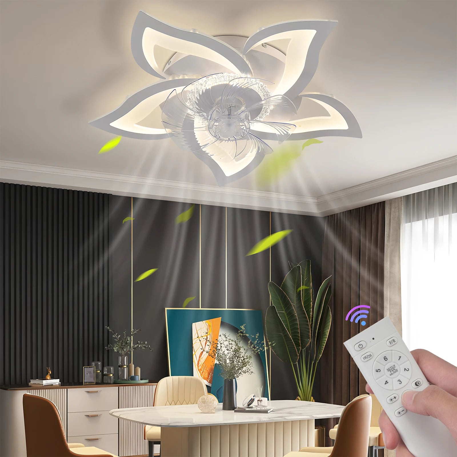 Jelena Ventilatori da soffitto da incasso Luci da ventilatore a LED a forma di fiore semplice con telecomando Camera da letto Nero Bianco Ventilatore a LED a 6 velocità