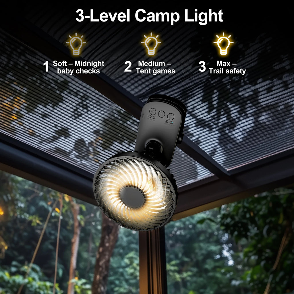 Mini Ventilatore Portatile a Clip, Ventilatore da Tavolo, 4 Velocità Silenziose con Rotazione a 360° °   Lampada da Campeggio con Oscillazione Automatica della Testa, Alimentazione ad Aria, Batteria da 4000mAh