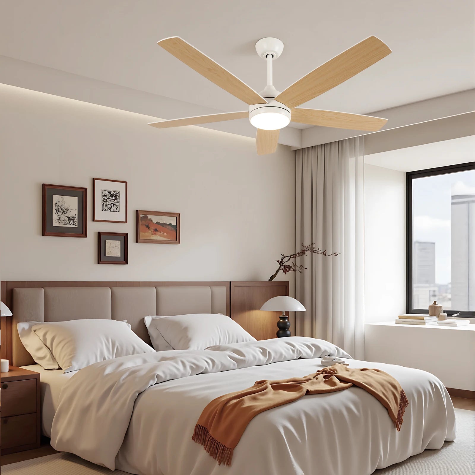 Ventilatore da soffitto LED intelligente con luci, 52 pollici (132 cm), 6 velocità, 2 modalità, luce LED dimmerabile, motore DC silenzioso, telecomando, ventilatore elettrico per camera da letto