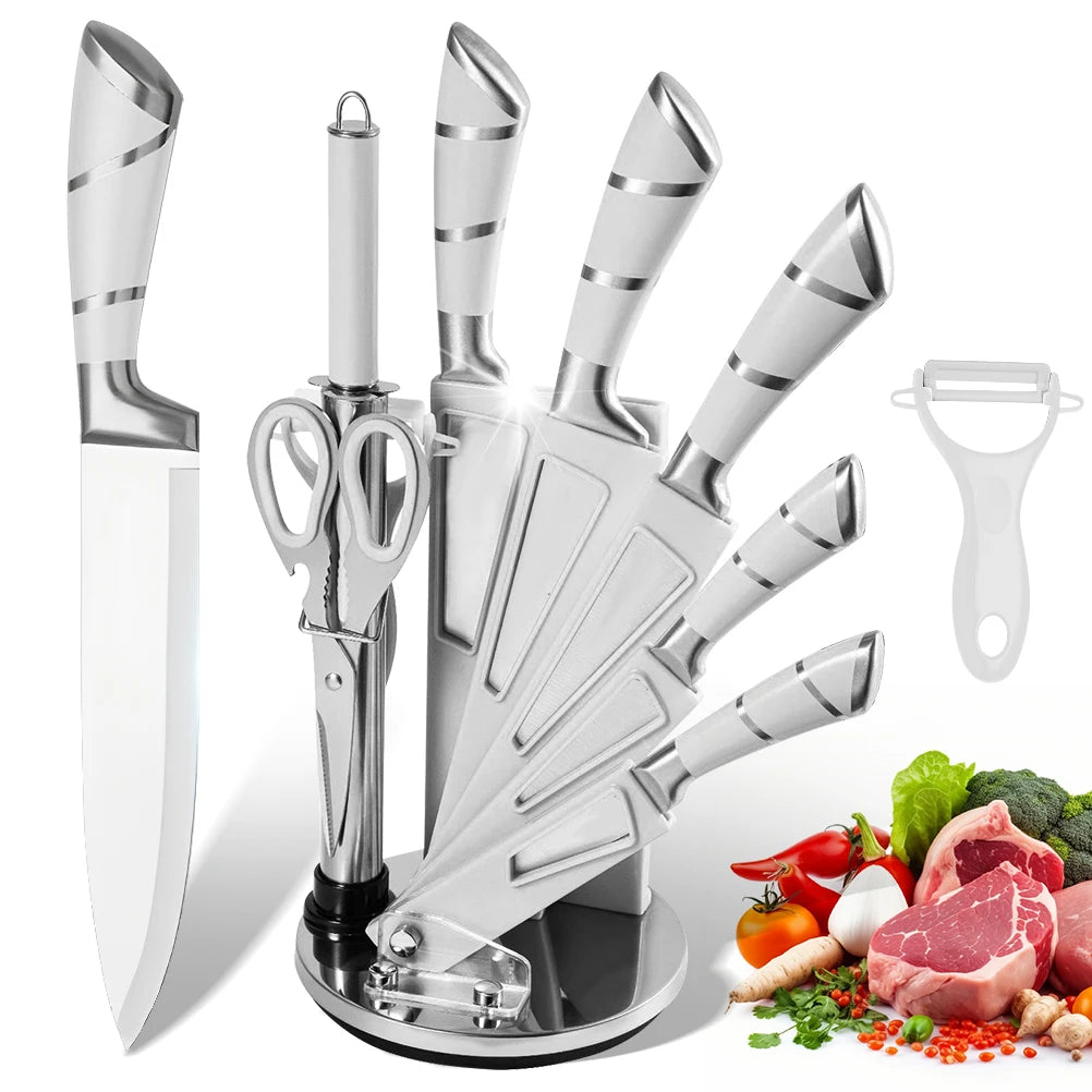 DIFITO 9-teiliges, minimalistisches, weißes Küchenmesser-Set mit hohlem 3Cr13-Stahlgriff, scharf, langlebig und rostbeständig, mit Messerblock, für Zuhause und als Geschenk