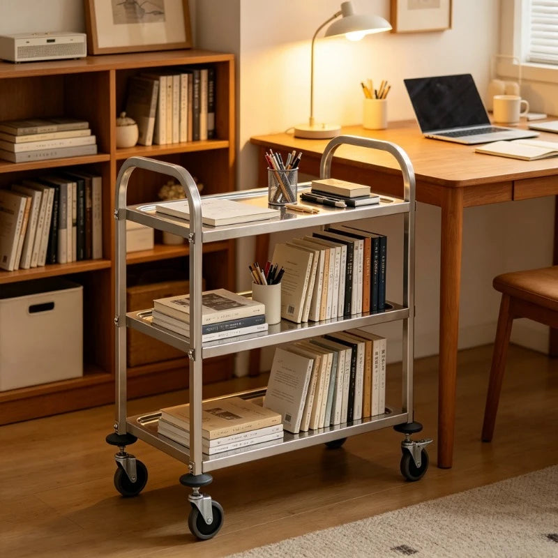 Carrello da Cucina a 3 Ripiani, 96,5x55x90 Cm, Materiale in Acciaio Inossidabile, Telaio Solido e Stabile, Grande Capacità di Stoccaggio, Ruote Scorrevoli, Salvaspazio, Facile da Montare, per Uso Domestico, Ristoranti, Hotel