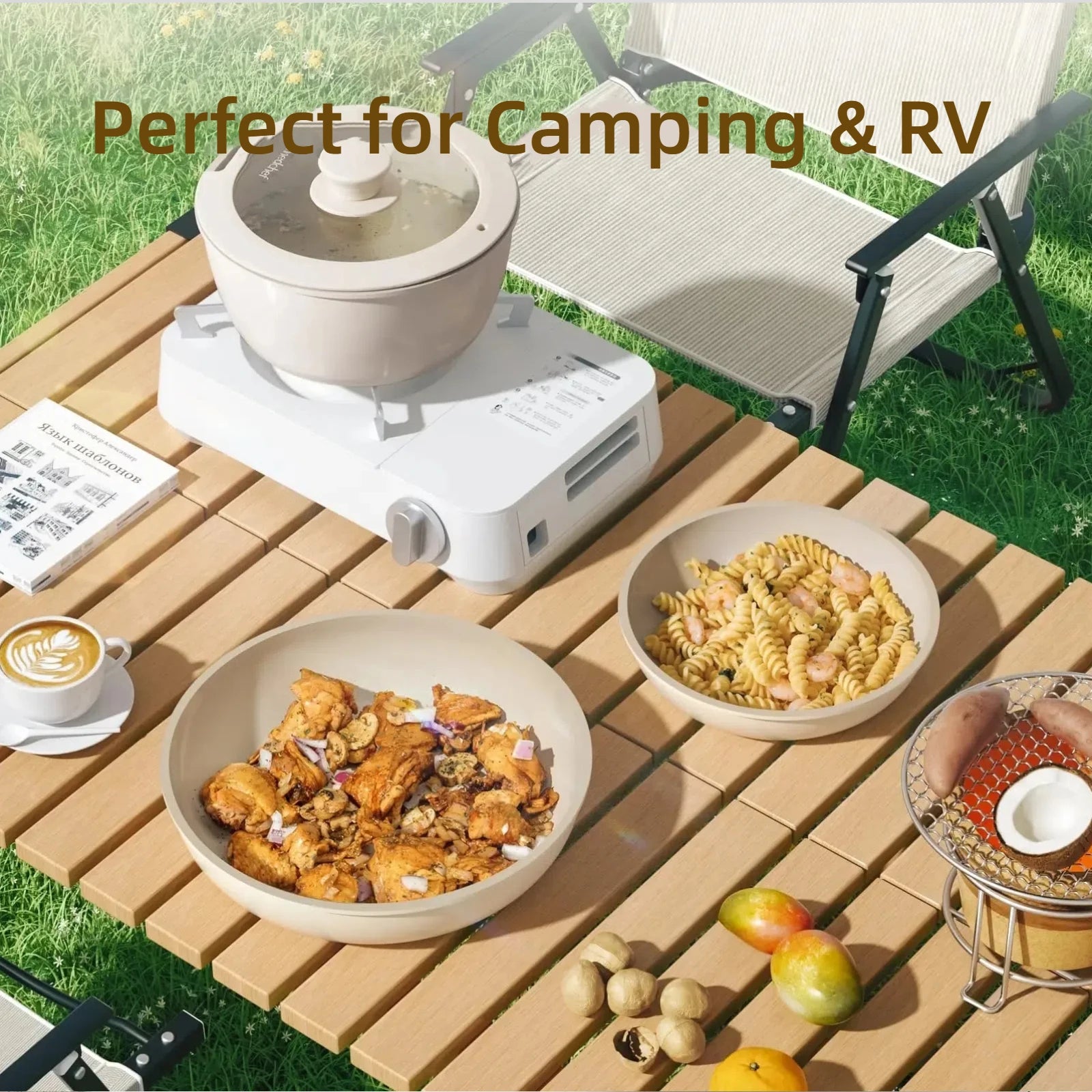 Set di pentole in granito antiaderenti da 5 pezzi con manico rimovibile Set di pentole da cucina per esterni Kit fornello da campeggio per camper a induzione con coperchio