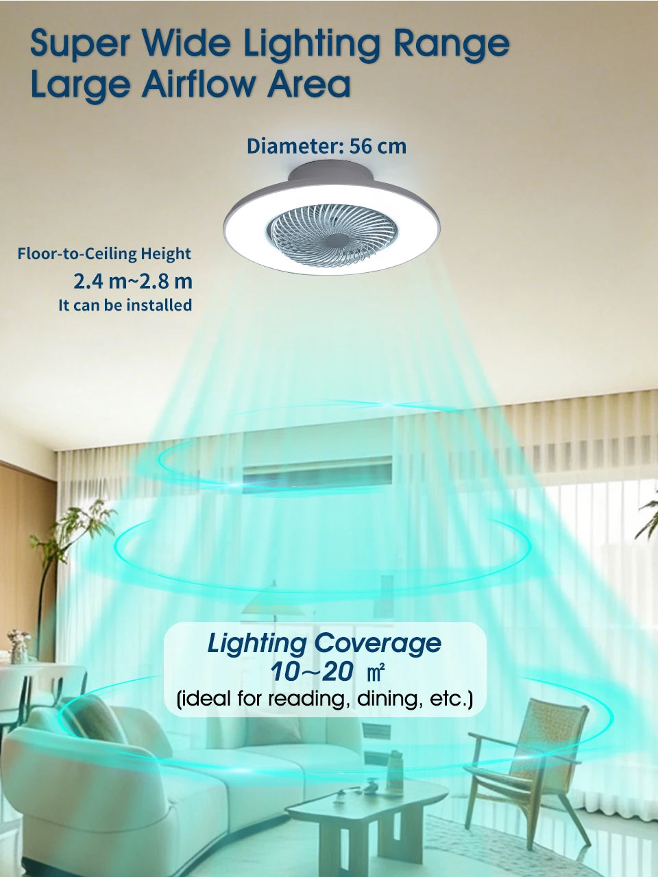 Ventilatore da soffitto da 100W con luce, controllo remoto tramite APP, lampada a LED dimmerabile a 360° °   Luce di sfondo RGB silenziosa girevole a 6 velocità per la casa