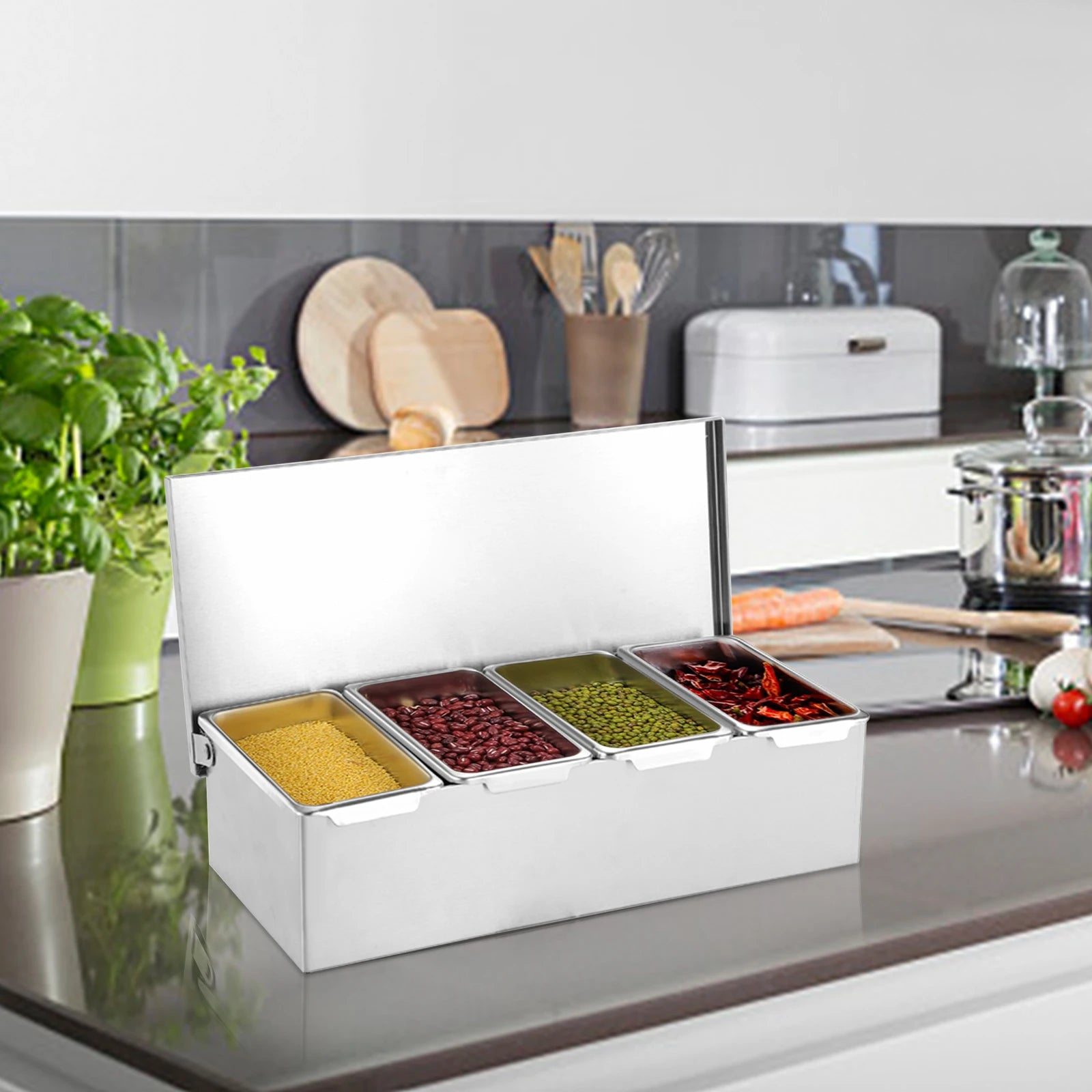 Silver Stainless Steel Fruit Box with 4 Compartments Household Fruit Storage Box Seasoning Box for Kitchens Restaurants Bars