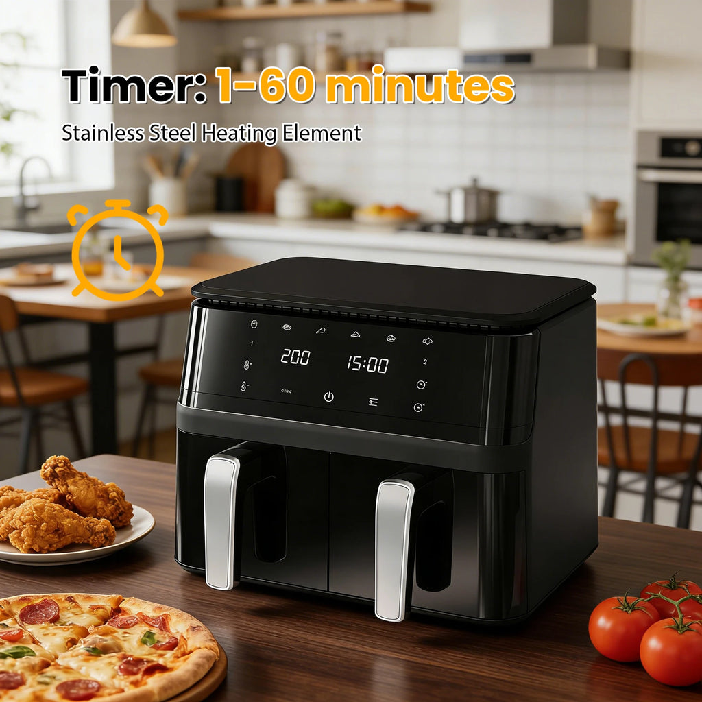 9-Liter-Heißluftfritteuse mit zwei Körben, 360°-Heißluftzirkulation, Edelstahl mit SYNC-Funktion, Touchscreen, 80 % weniger Öl
