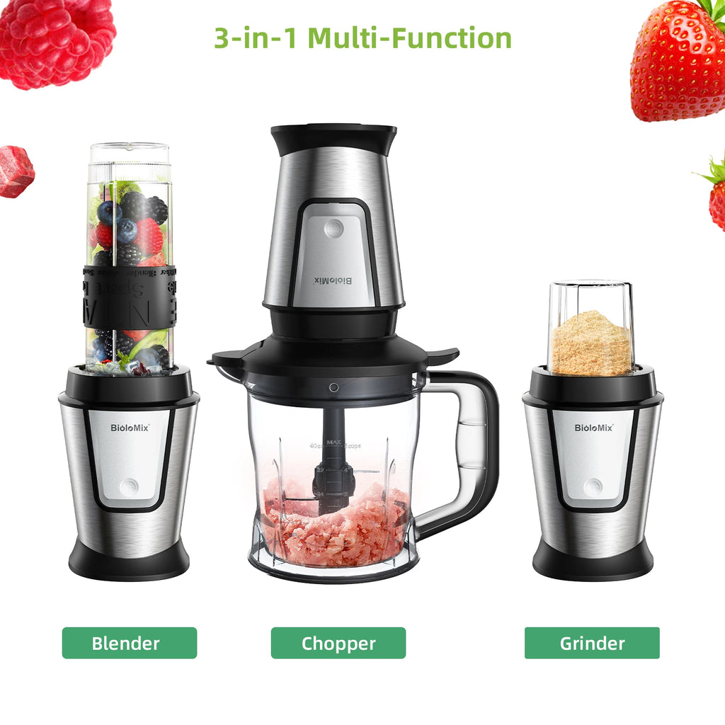 BioloMix 700W 3-in-1 Multifunktionaler tragbarer Küchenroboter Entsafter Mixer Smoothie Mixer Lebensmittelhacker Trockenmühle für die Küche
