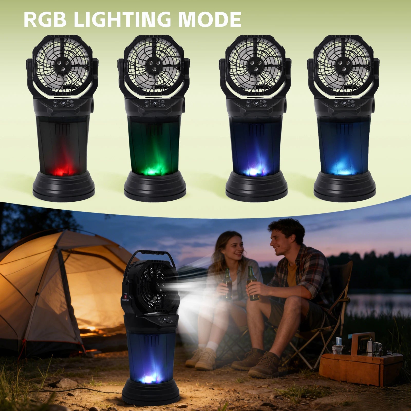 Ventilatore da campeggio per esterni da 15000 mAh con funzione spray, 4 velocità, luce LED e torcia, nero/arancione/verde