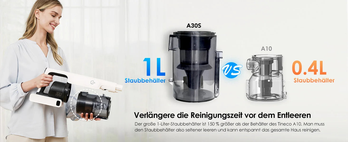 Tineco A30S, Kabelloser Staubsauger, 160 W Saugleistung, 60 Minuten Laufzeit, 1 l Staubbehälter, ZeroTangle-Bürste, PureCyclone-Technologie, LED-Licht