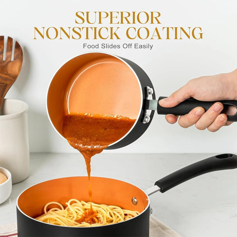 MICHELANGELO 3-teiliges Topf-Set antihaftbeschichteter Milchsaucen-Topf mit Deckel Kupfer-Stieltopf Multifunktionaler kleiner Saucen-Topf Aluminium-Suppentopf