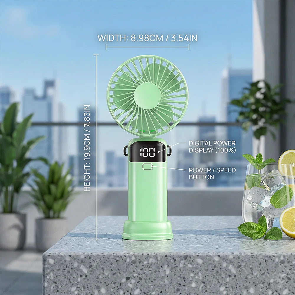 Mini Ventilatore USB con Display LED, Silenzioso 3 Velocità, Ricaricabile 1200mAh, Portatile da Scrivania per Ufficio Casa Viaggio, 2 Colori (Blu Marino/Verde Oliva)