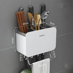 Organizzatore da Parete Multifunzionale per Cucina Senza Foratura, Porta Utensili con Vassoio di Drenaggio Rimovibile e Portasciugamani