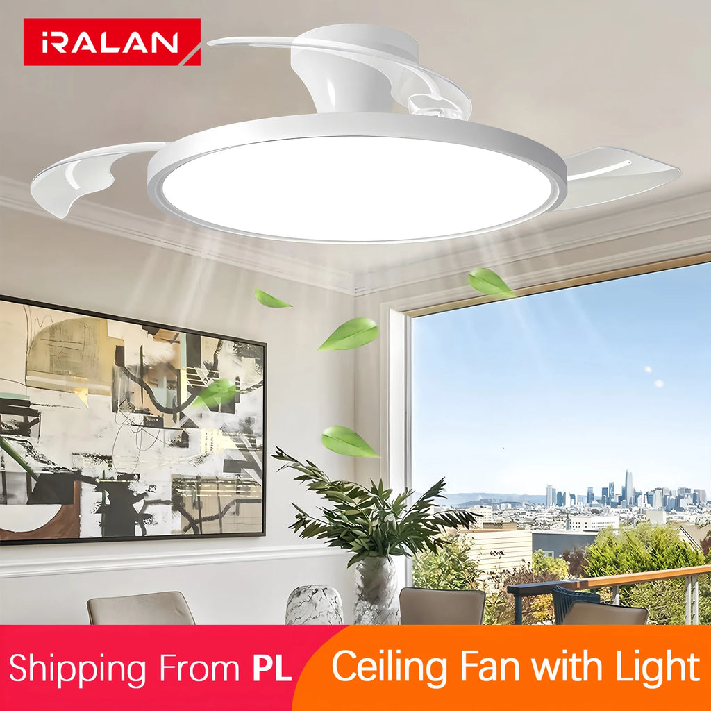 IRALAN Plafoniere con ventilatore Pala del ventilatore retrattile intelligente Ventilatore elettrico domestico dimmerabile con telecomando Luce da soggiorno a LED