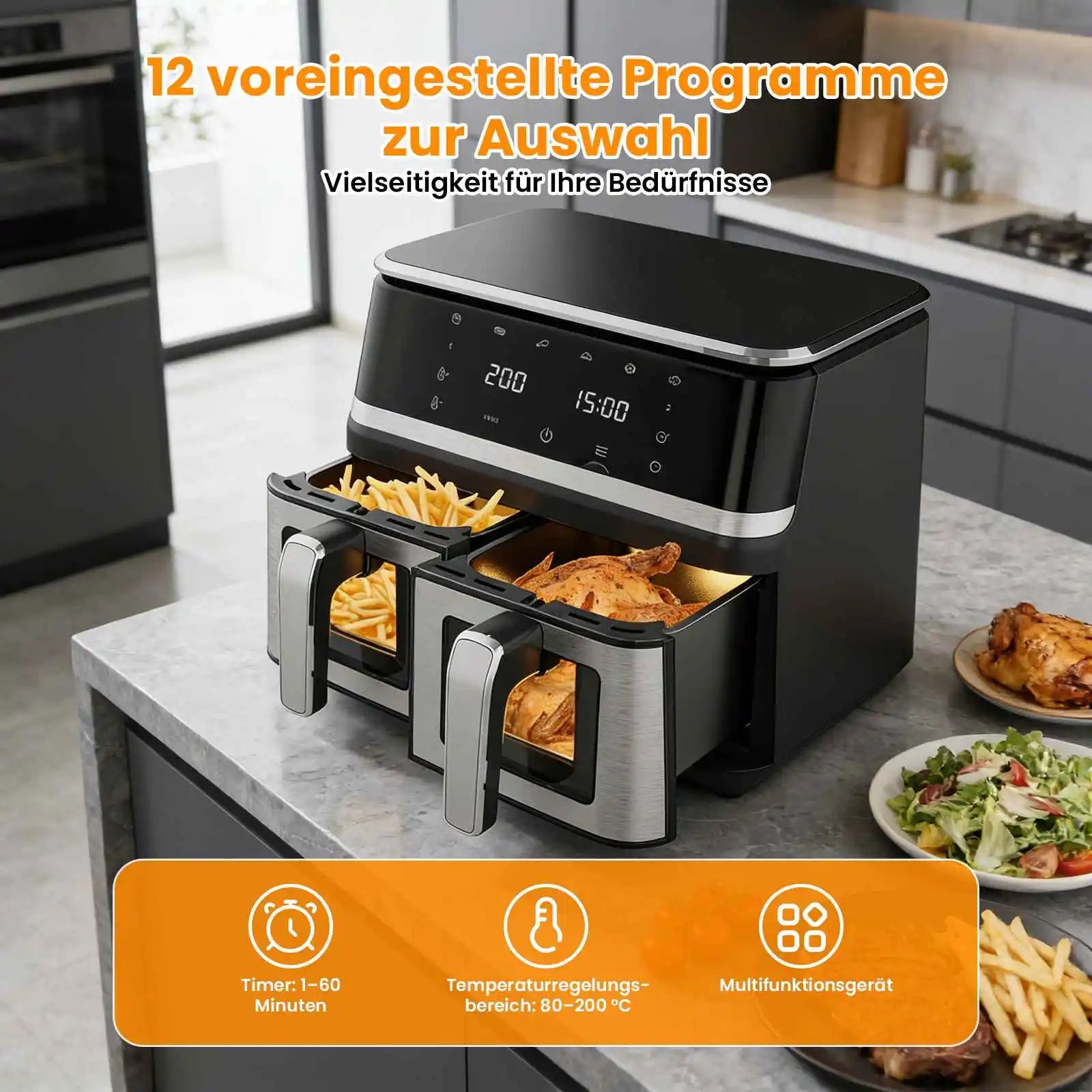 1400 W ölfreie Heißluftfritteuse, 8 l Heißluftfritteuse mit Sichtfenster, digitalem Touchdisplay, 8 Programmen und XXL-Fassungsvermögen